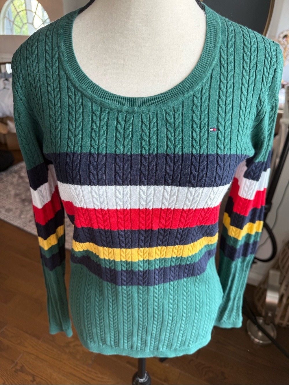 Tommy Hilfiger Green Cable-Knit Crew with Bold Multicolor Stripes